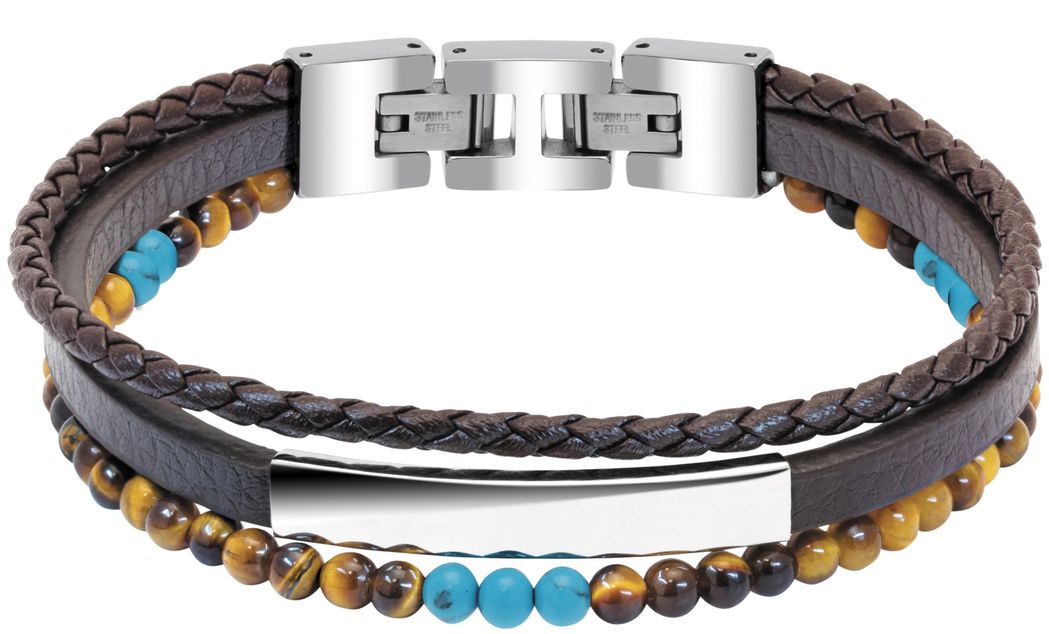 RB Bracelet YALE Steel and 5mm brown flat leather, 3mm brow