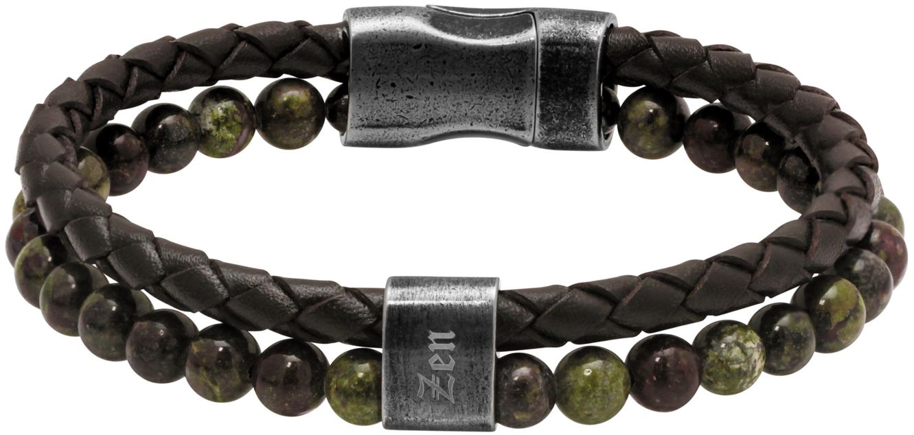 RB Bracelet KARMA 22cm brown braided leather strap and green