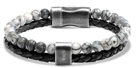 RB Bracelet KARMA 22cm black braided leather strap and grey