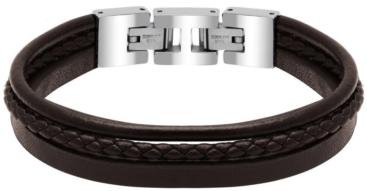 RB Bracelet STANFORD polished steel 3 brown flat, braided